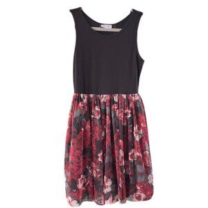 Knit Works Girl's Tulle Tank Skater Dress Burgundy Black Floral Print Size 14